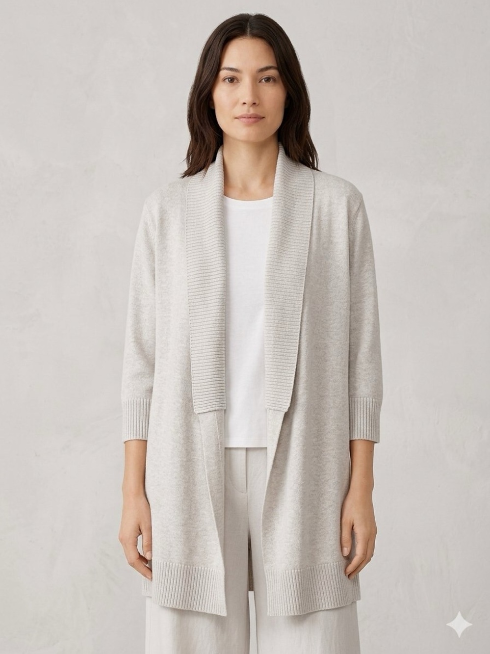 Eileen Fisher Beige Open Front Shawl Cardigan 100% Cotton Size Large